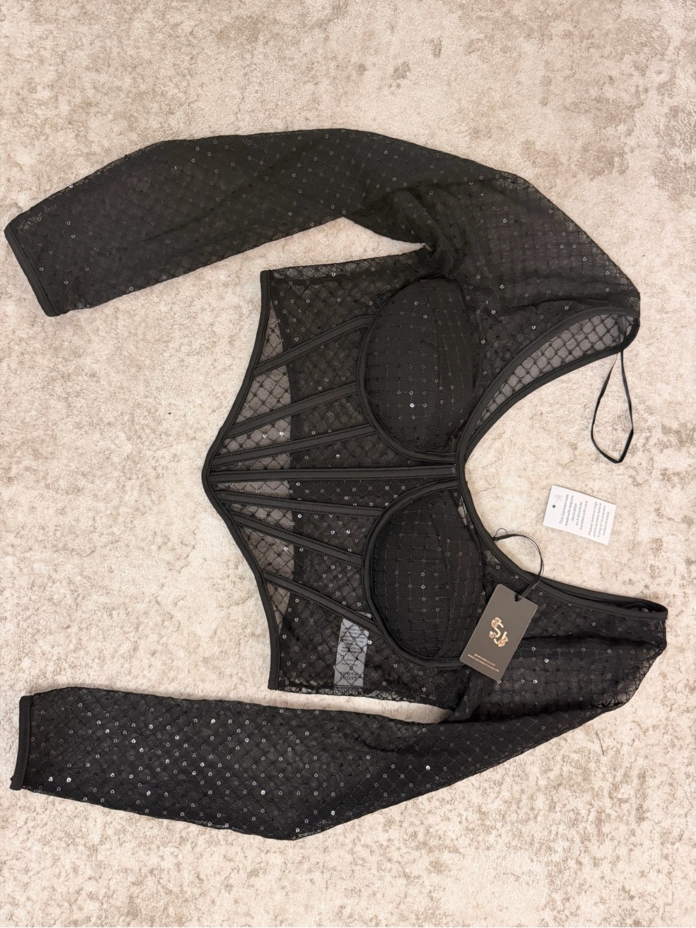 Rachel Zoe Black Sheer Mesh Long-Sleeve Bustier Top